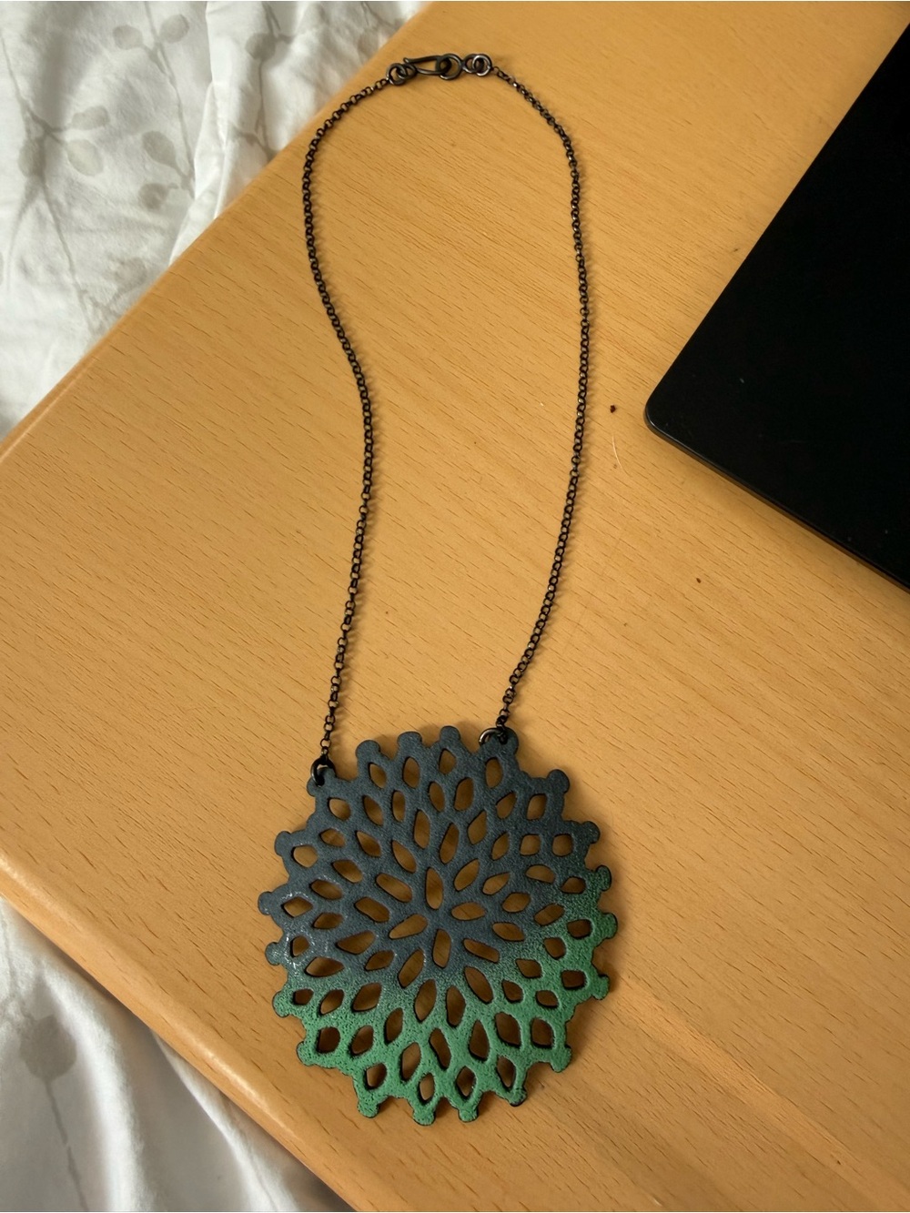 Delicate Floral Cutout Pendant Necklace - Green Ombre enamel artisan made
